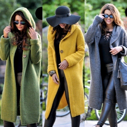 Fashion Hooded Long Cardigan Coat for Women Autumn Winter Warm Sweater Cardigan Jackets Solid Button Down Coats