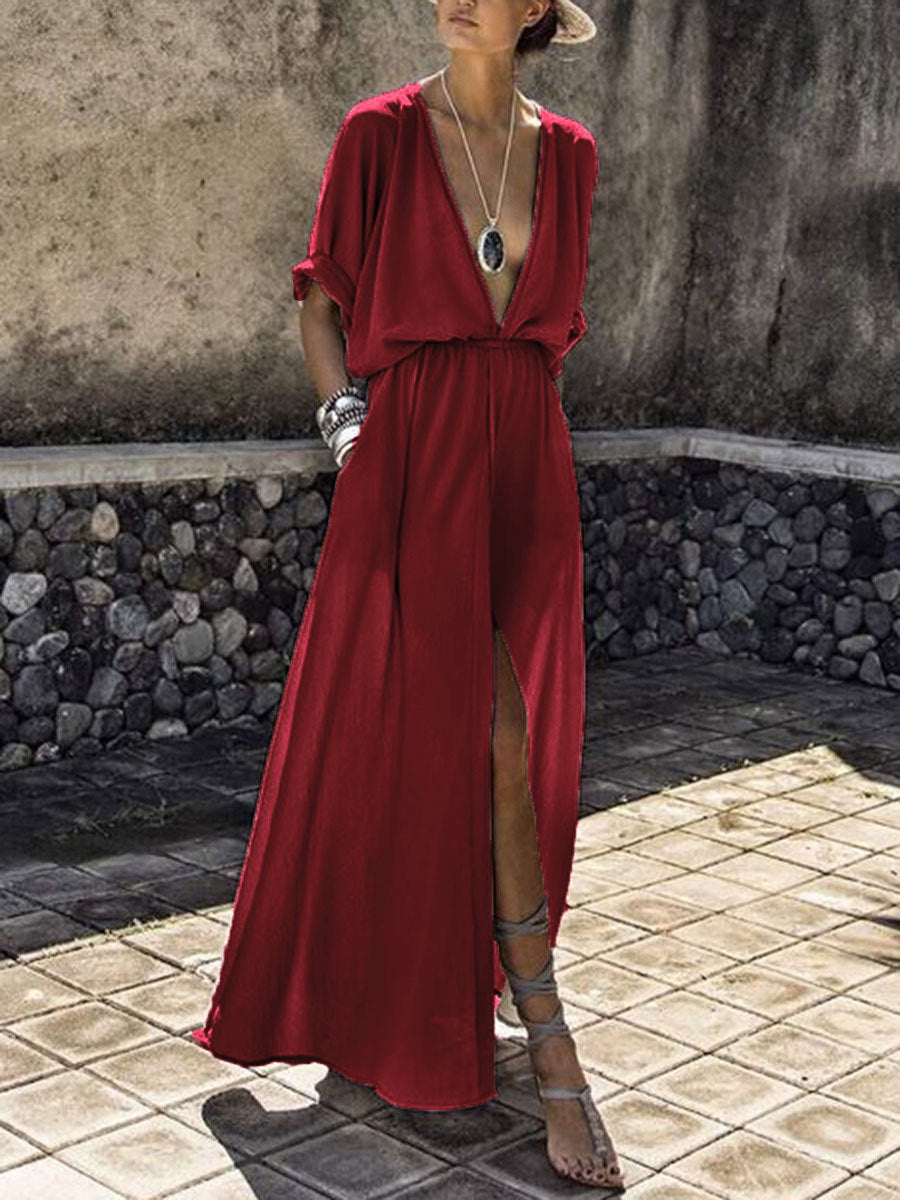 Color: Wine red, Size: XL - deep V  split fork dress long dress