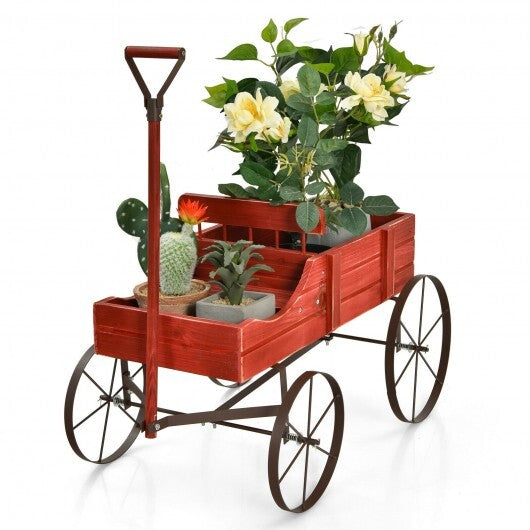 Wooden Wagon Plant Bed with Metal Wheels for Garden Yard Patio-Blue